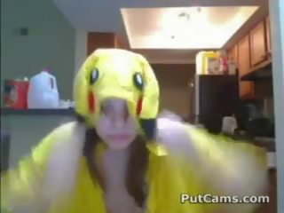 Pleasant young woman In Pikachu Costume Masturbates With Vibrator