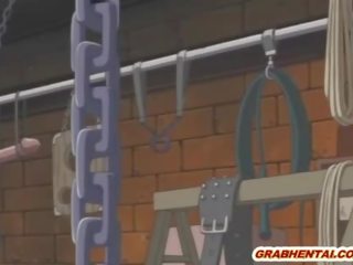 Chained anime brunette gets dildoed pussy and incredible sucking stiff cock