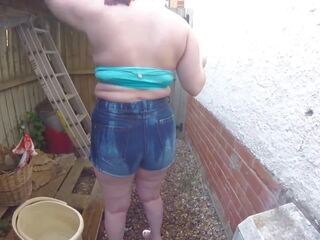 Tart in Denim Shorts Outdoors Getting Wet Clothes: dirty video 00