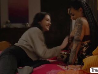 Tattooed divinity gets her pussy licked and banged by TS stepsis
