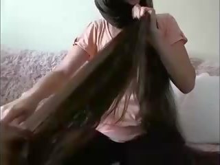 Sedusive long haired brunet hairplay hair brush öl hair